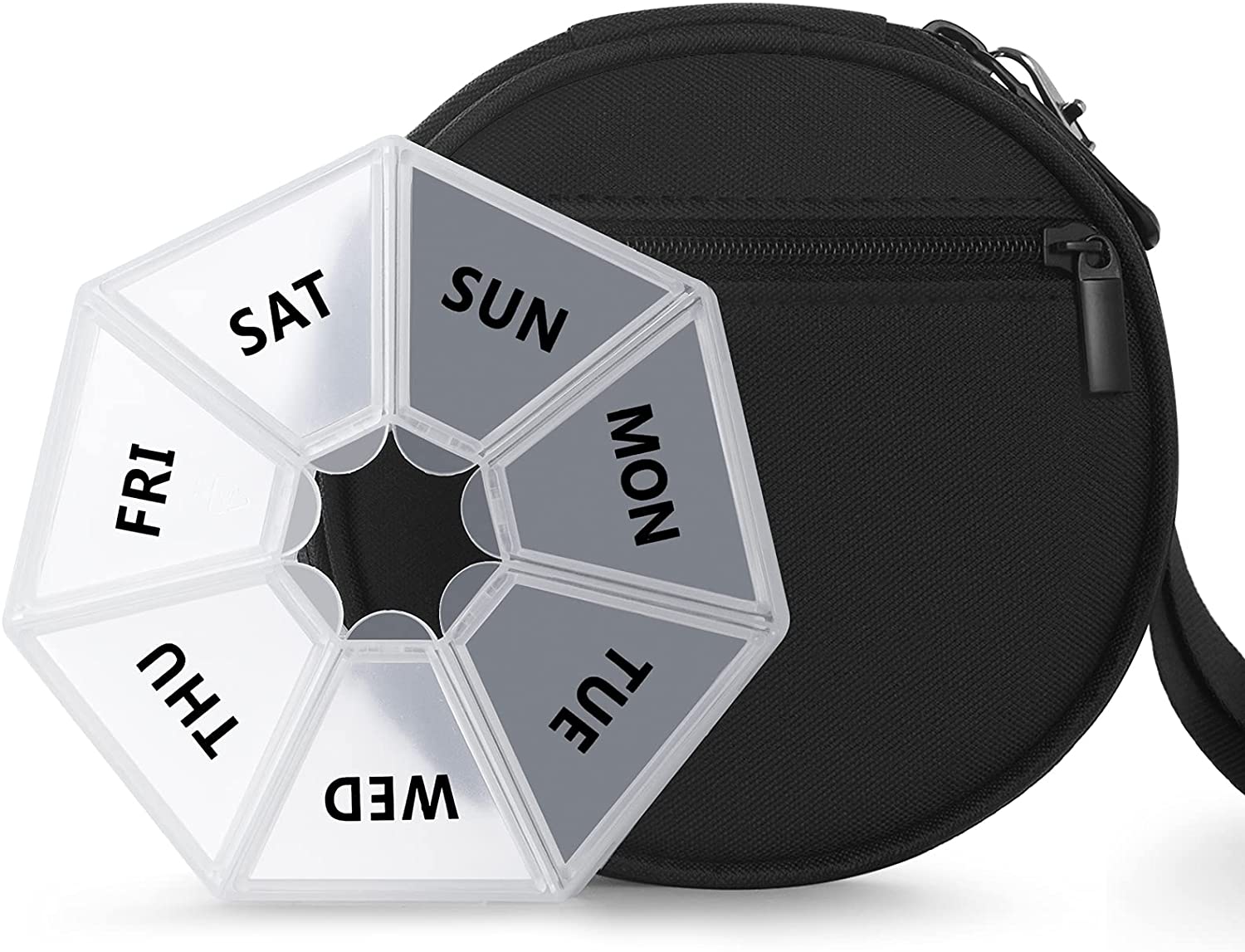 Tragbare Premium-Reise-Pillendose mit Reißverschlusstasche